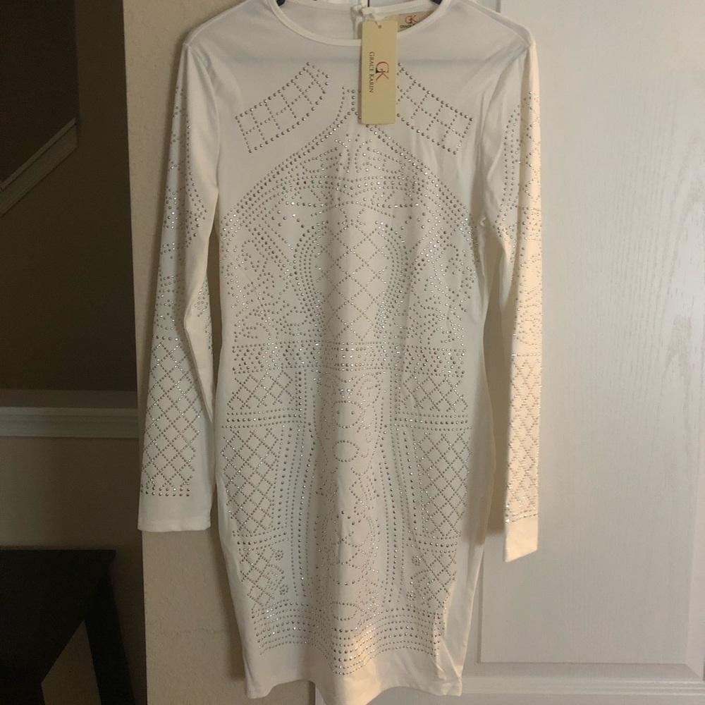 White Rhinestone Long Sleeve Bodycon Dress